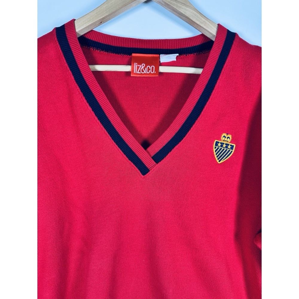 Vintage Preppy V Neck Sweater Womens Red Medium Cotton Crest Varsity USA Tennis - Picture 3 of 13